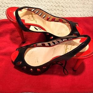 Christian Louboutin Black Laser Cut peep toe slingback size 37.5 black